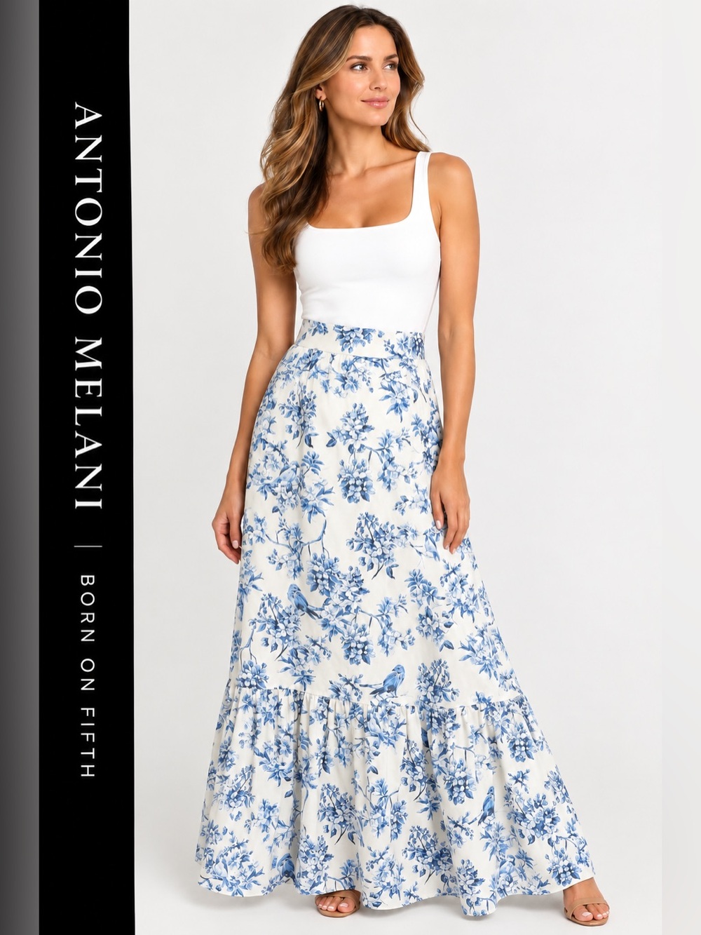 NWT Antonio Melani Born on Fifth White & Blue Floral Maxi Skirt S